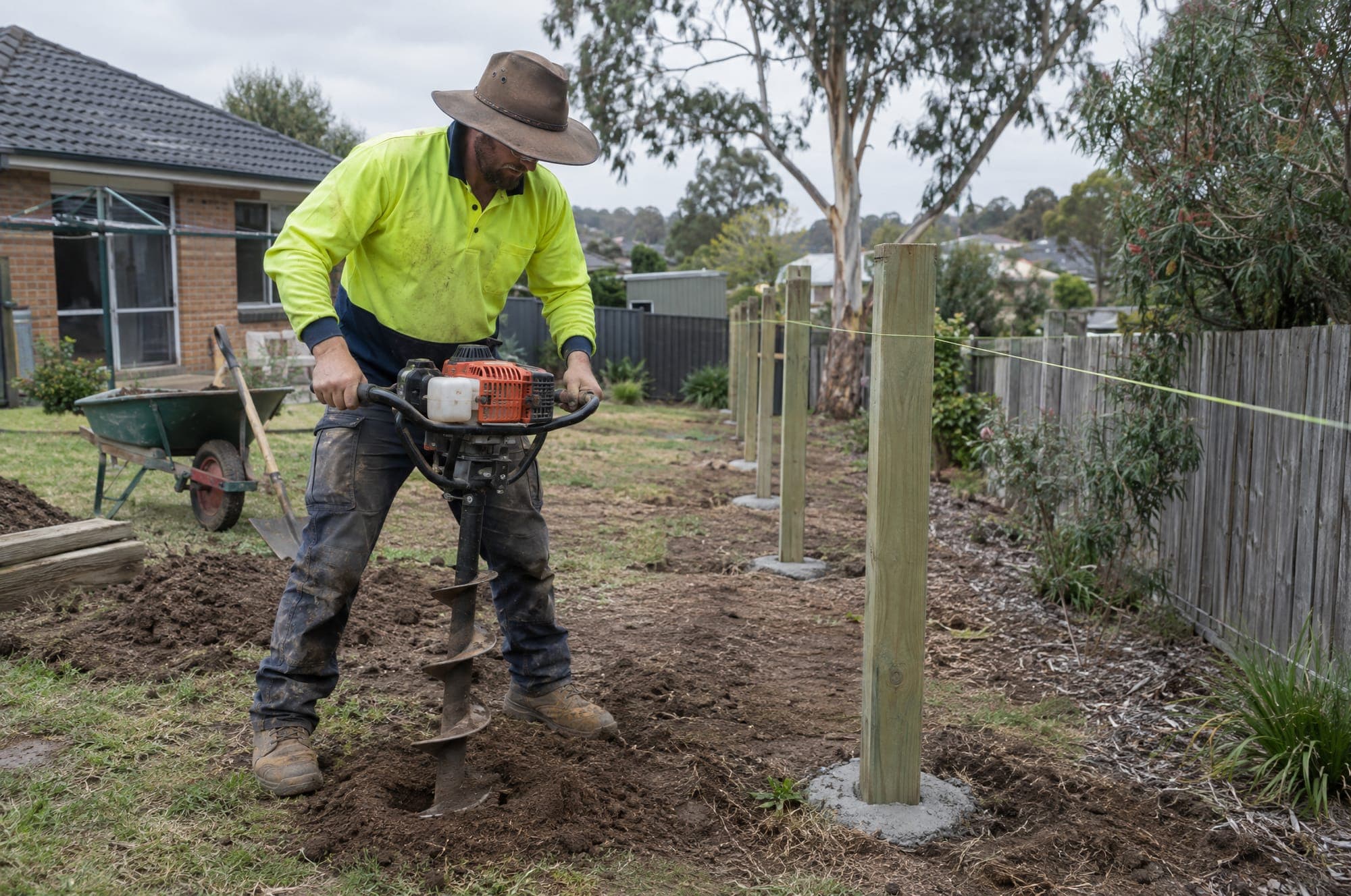 Installer setting fence posts along a stringline