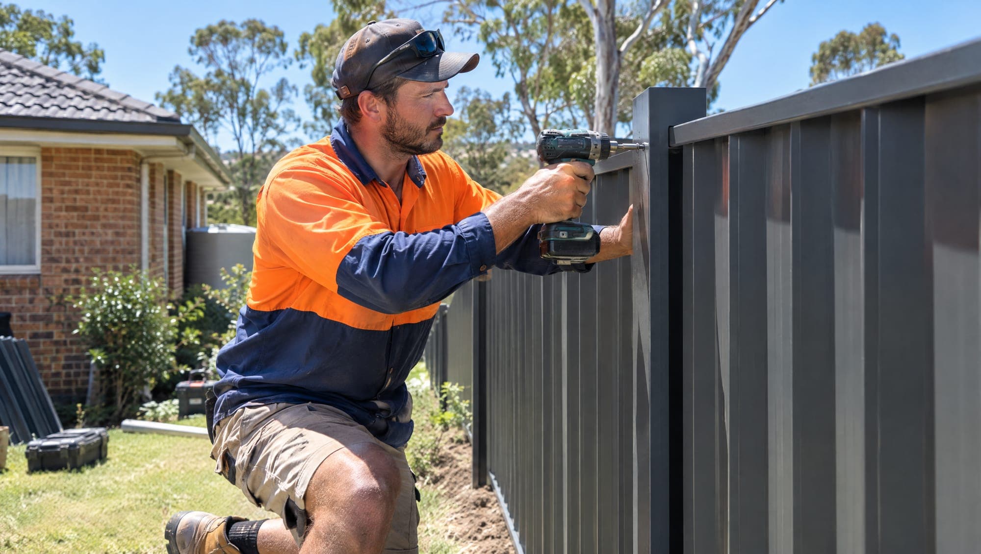 Installer fixing a Colorbond fence panel in a Brisbane backyard