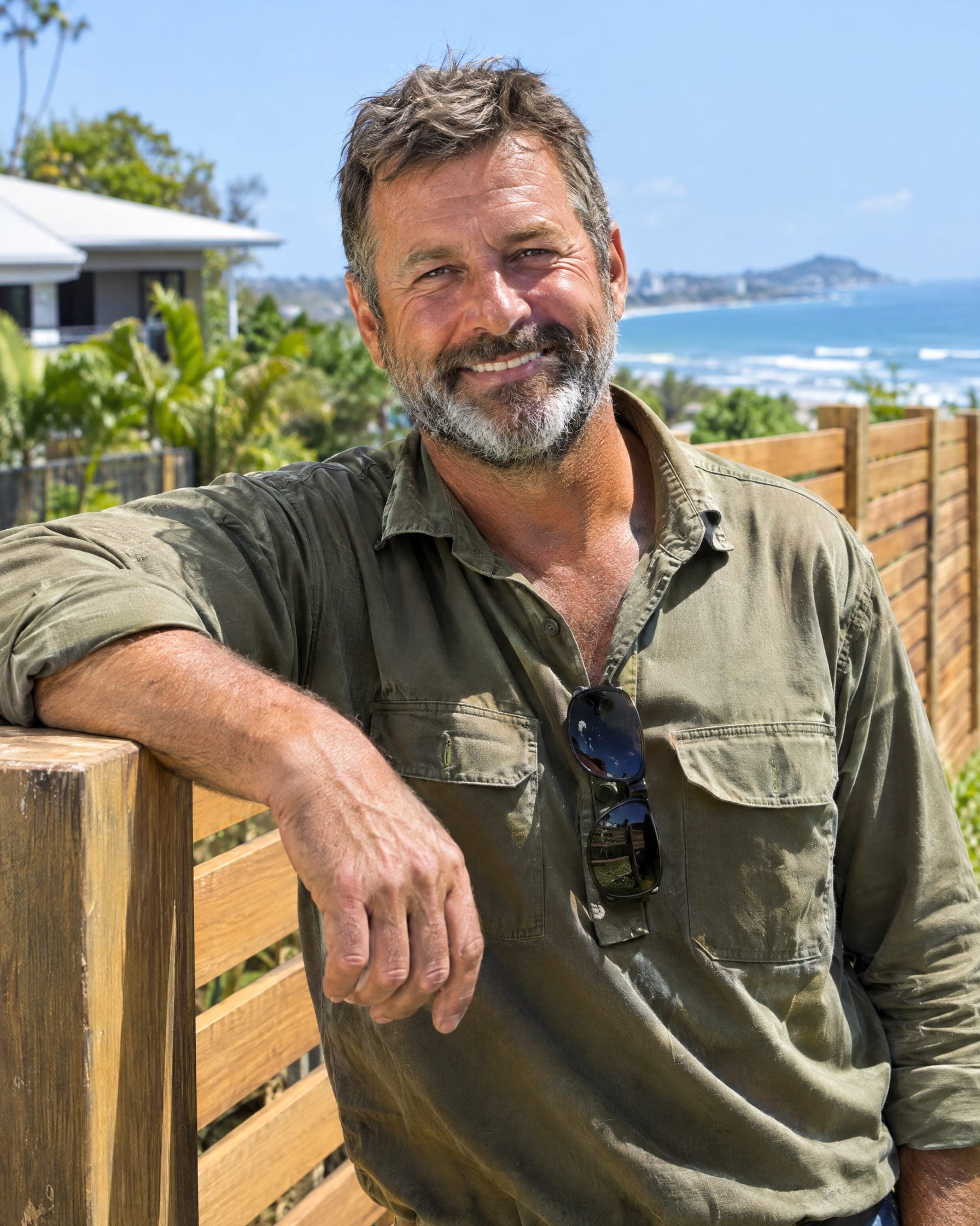 Saltbush Fencing owner beside a finished slat fence